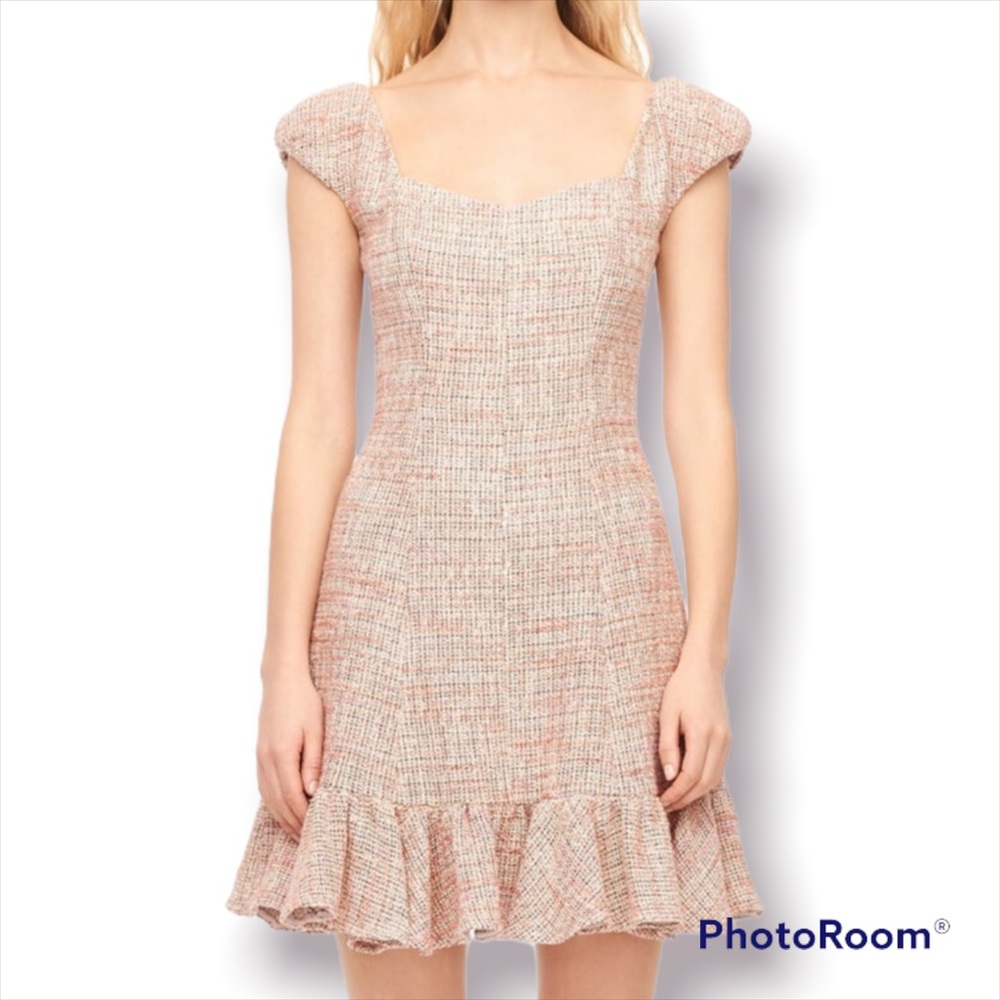 Cap Sleeve Ruffle Bouclé Tweed Dress